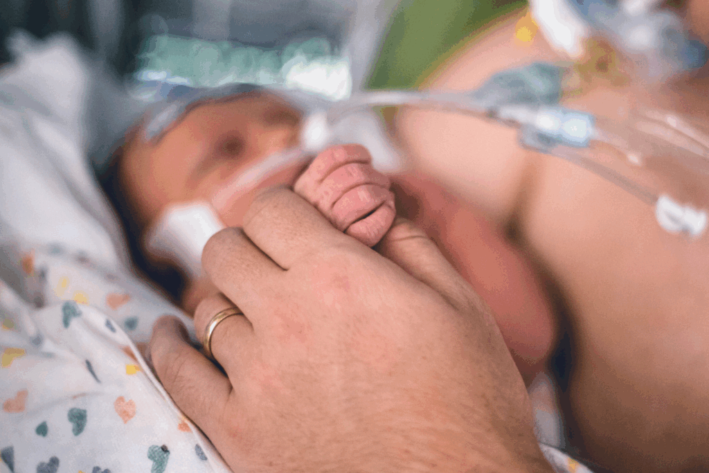 Neonate held by father's hands in NICU.