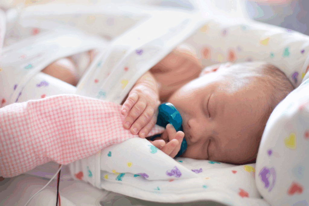 Newborn baby laying in the Int-Bio infant positioning aid with a Snodel in their hands.